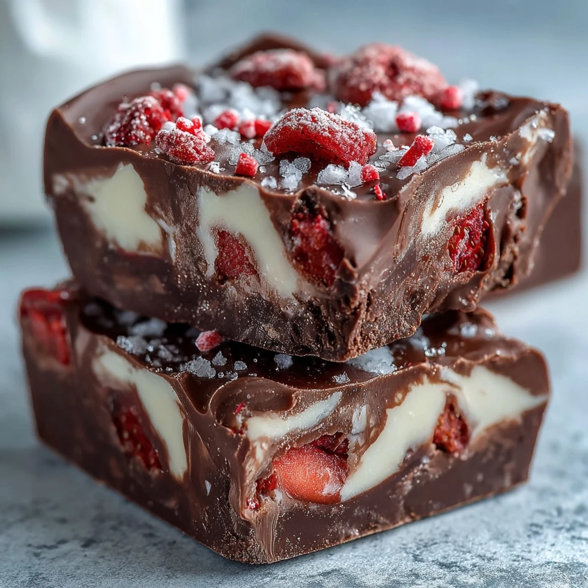 Easy no-bake Valentine treat showcasing glossy chocolate layers with vibrant freeze-dried strawberries and sparkling holiday-themed sprinkles.