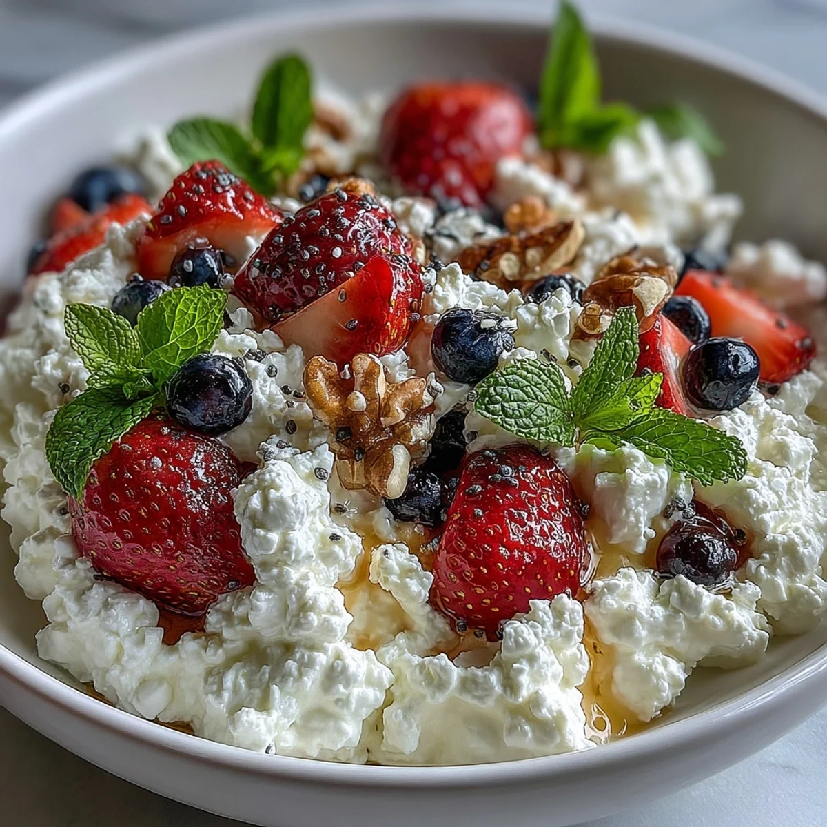 Creamy cottage cheese paired with juicy strawberries, banana slices, and a drizzle of golden honey.  