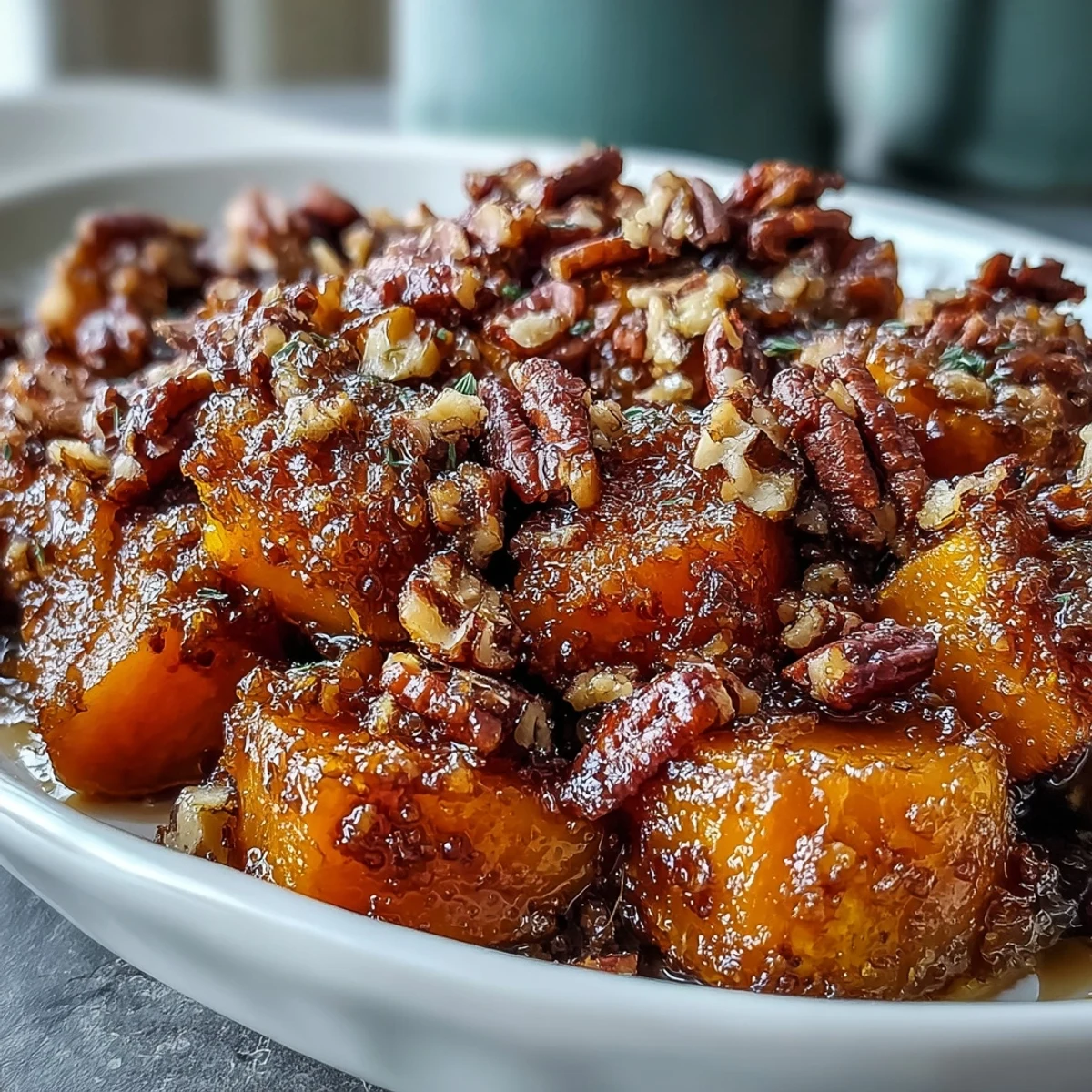 1. Candied yams casserole with pecan streusel topping, golden and bubbling from the oven, perfect for holiday feasts.  