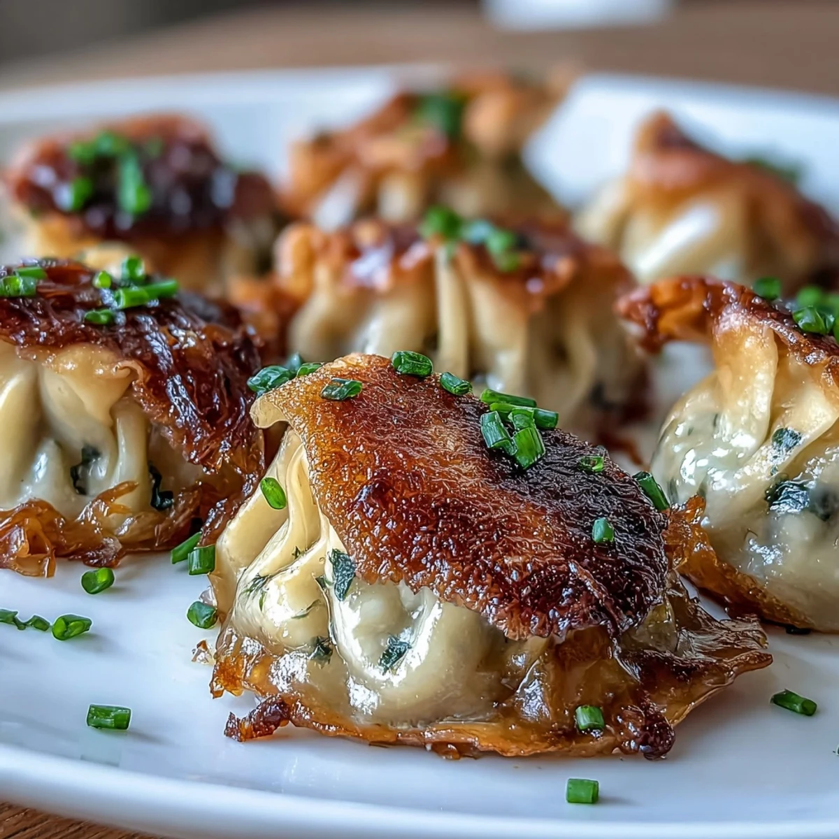 Golden-fried dumplings with rich caramelized onion filling and bubbling Gruyère cheese, served with a savory broth drizzle.