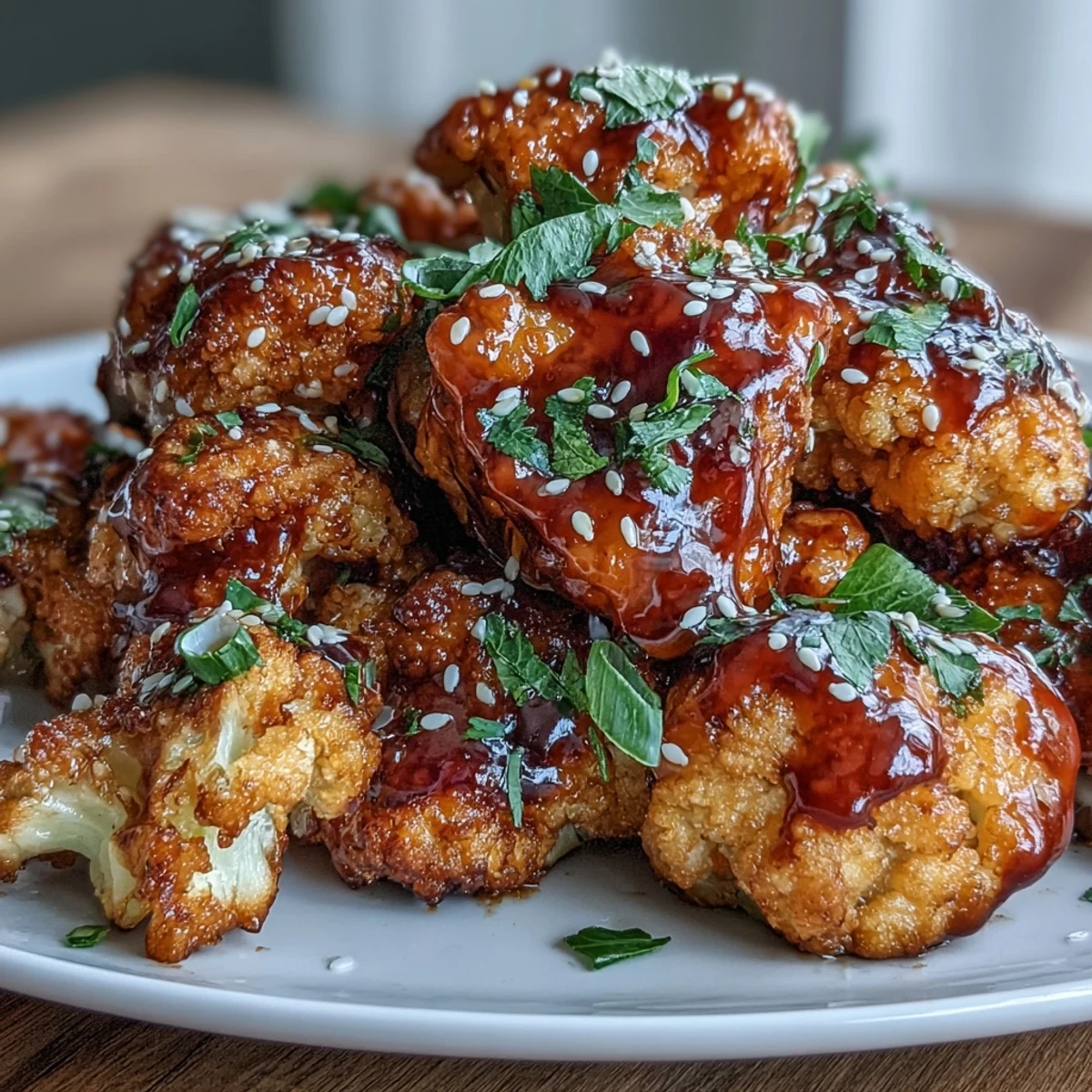 Air fried General Tso's cauliflower florets coated in a sticky, spicy-sweet glaze, topped with toasted sesame seeds for extra crunch.