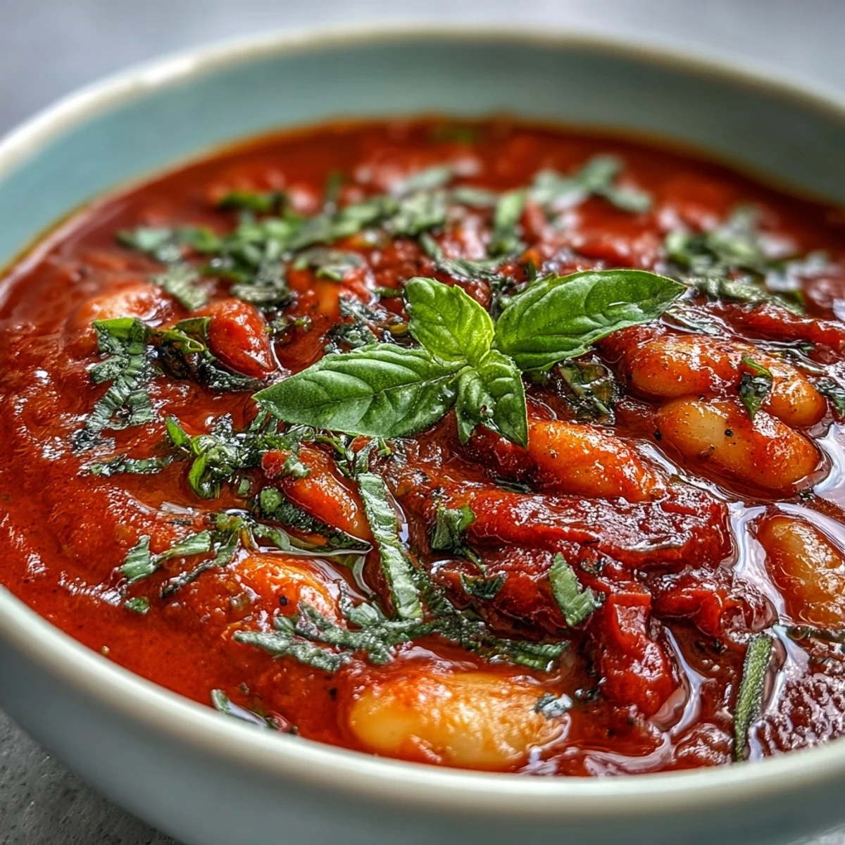 Vibrant roasted red pepper and white bean soup in a bowl, garnished with fresh parsley and a drizzle of olive oil.