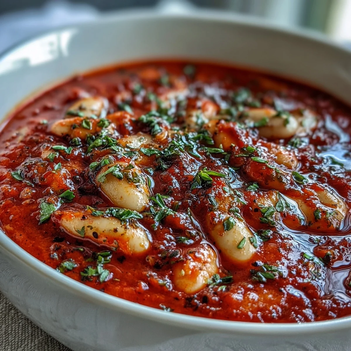 Hearty bowl of roasted red pepper and white bean soup, showcasing rich red color and smooth texture perfect for chilly evenings.