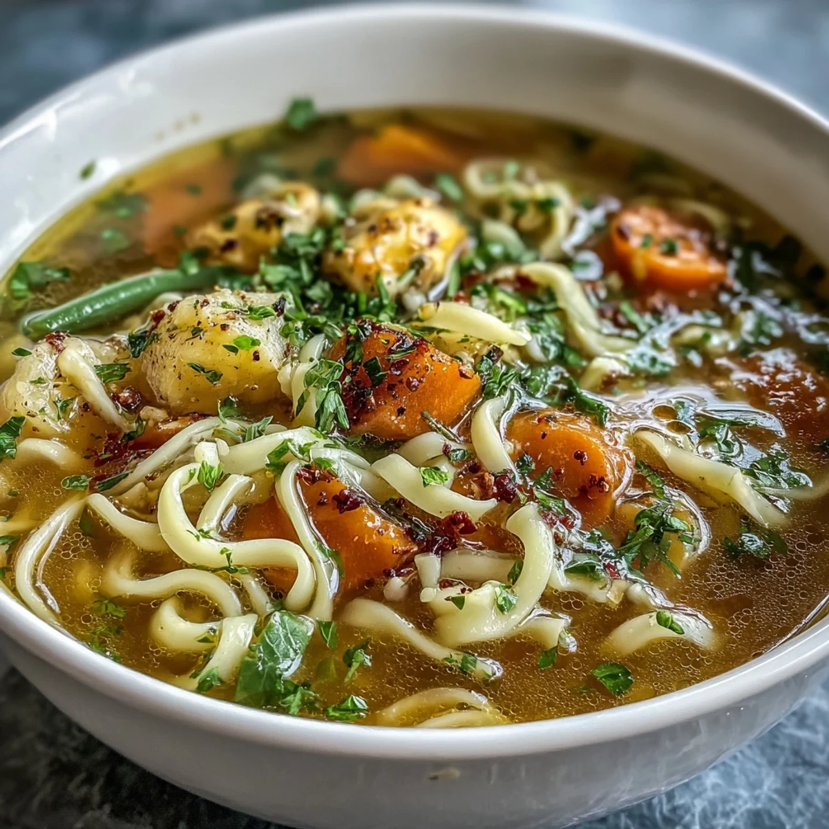 Hearty vegetable noodle soup with carrots, celery, and tender pasta in a savory broth.