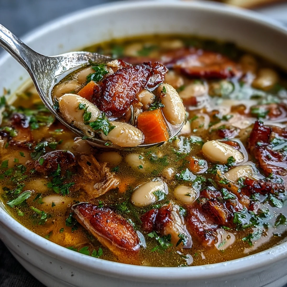 A close-up of Smoked Turkey and White Bean Soup in a white bowl with fresh green herbs on top.