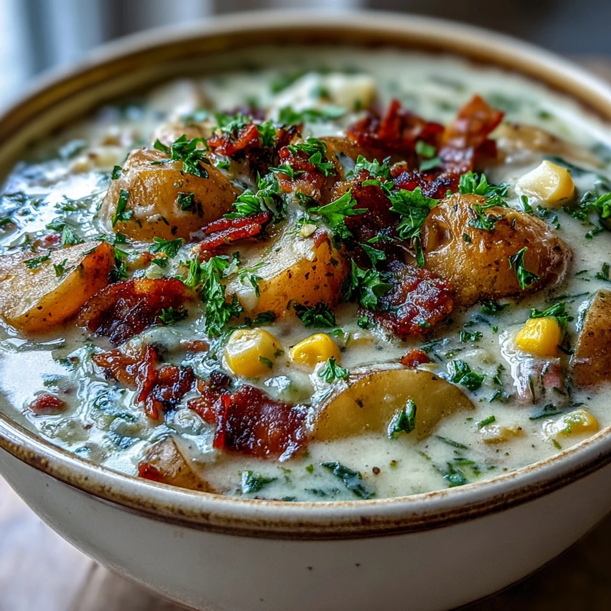 Warm and hearty light ham and potato chowder with Yukon Gold potatoes, sweet corn, and celery in a creamy, flavorful base.