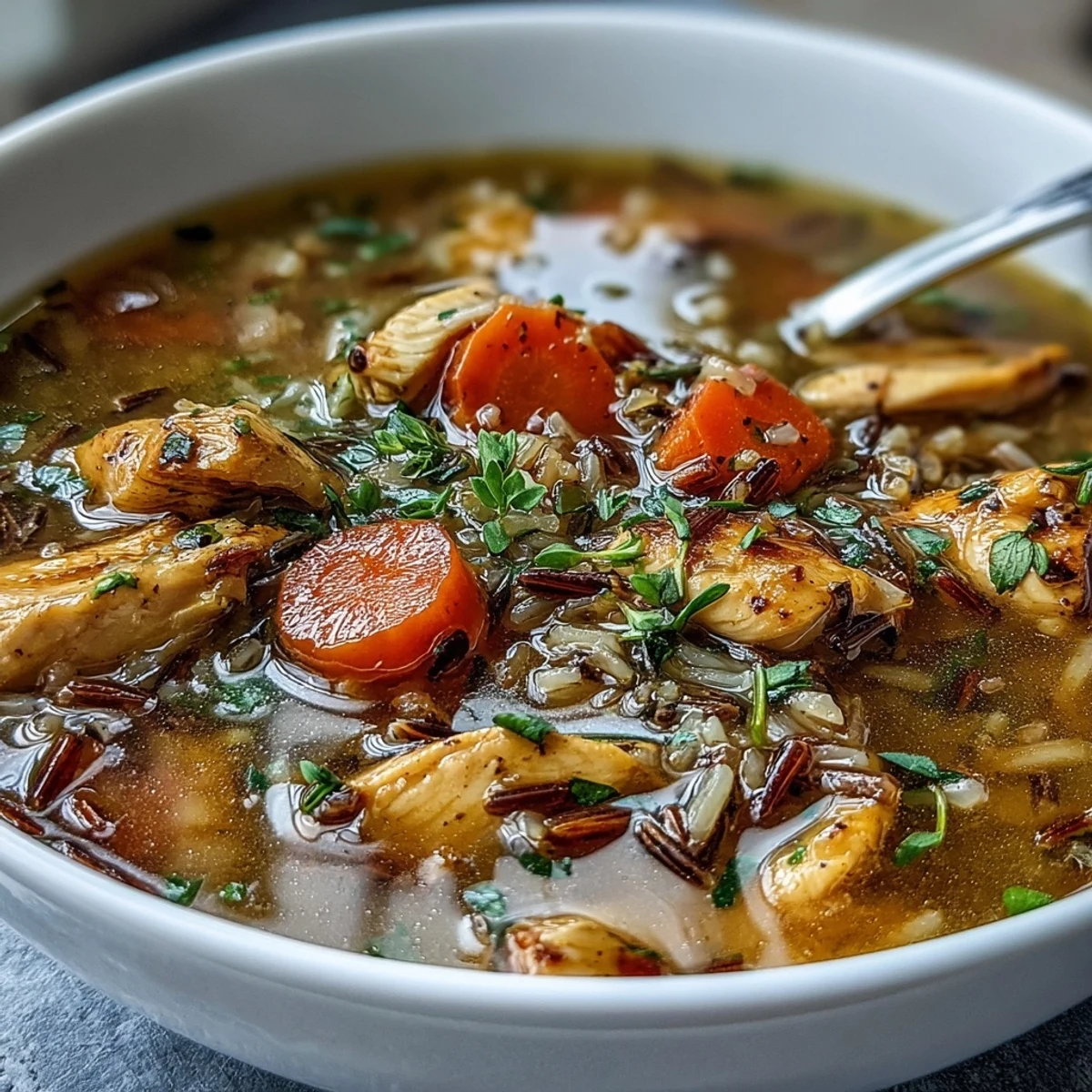 Hearty bowl of Chicken and Wild Rice Soup with tender chicken, nutty wild rice, and sweet carrots in a savory broth.