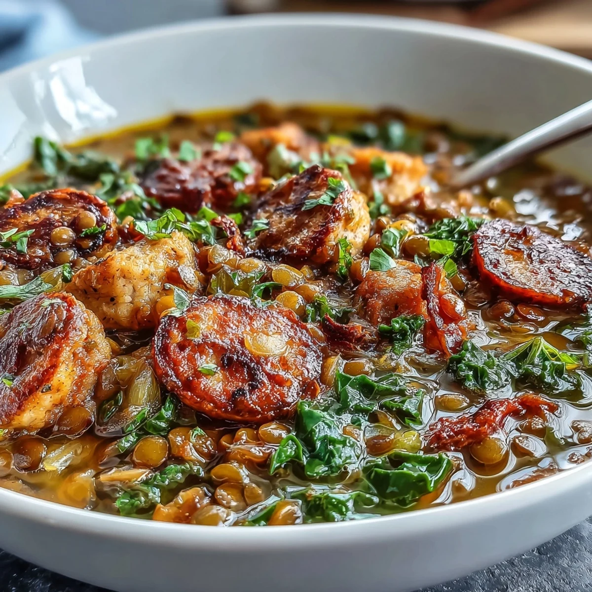 Hearty spicy sausage and lentil soup with kale in a savory tomato broth, packed with protein and bold flavors.  