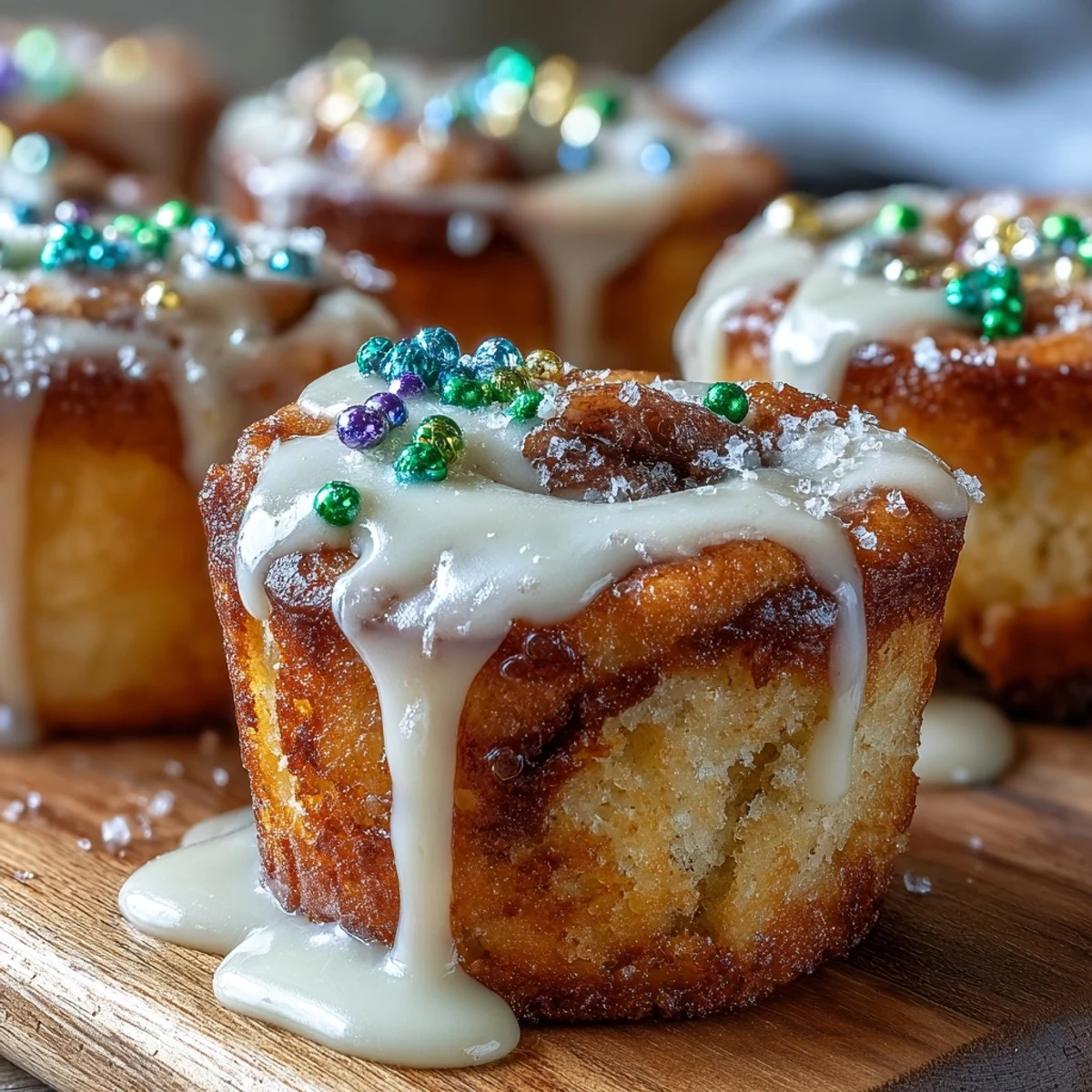 Cinnamon-swirled mini cupcakes inspired by New Orleans King Cake, decorated with colorful sugar crystals.