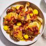 Close-up of Instant Pot Coq au Vin Style Chicken Thighs, showcasing juicy chicken and flavorful vegetables.