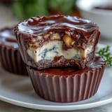 Rich dark chocolate cups layered with smooth peanut butter and tangy Greek yogurt, perfect for a healthy dessert.