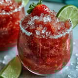 Frozen strawberry daiquiri mocktail with lime sugar rim, garnished with fresh mint and lime wheels.  