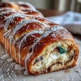 Festive King Cake Braid with Lemon Cream Cheese Filling, golden braided bread drizzled with sweet glaze and colorful sugar sprinkles.
