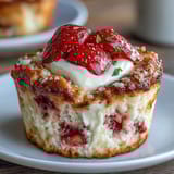 Strawberry cream cheese muffins with fresh berries and creamy cheesecake swirls, perfect for a cozy breakfast or brunch treat.