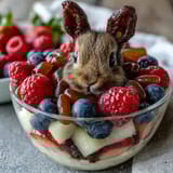 Bunny fruit cups featuring fresh blueberries, banana, and marshmallow cheeks—fun, festive, and easy Easter snack kids can help make.