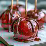 Classic red candy apples with white chocolate drizzle, glossy red shell coating tart apples and topped with creamy white drizzle.