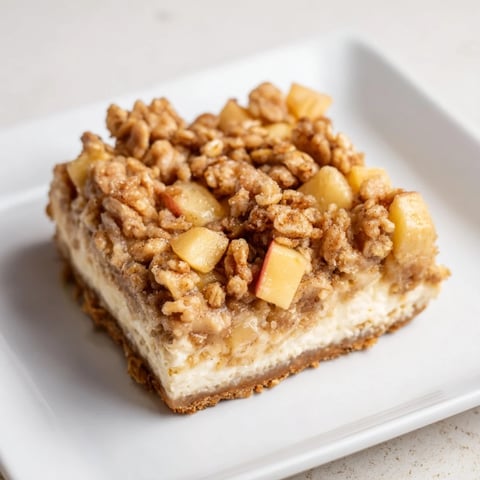 Golden-brown, bubbly apple crisp cheesecake bars, ready to slice for a delightful dessert experience.