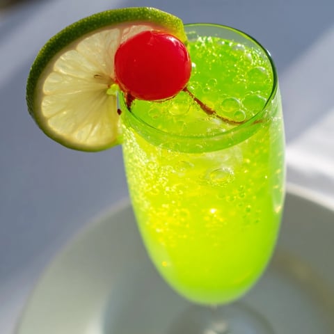 Bright green Quick Grinch Mimosa Mocktail, topped with a cherry, looks festive and refreshing for kids.