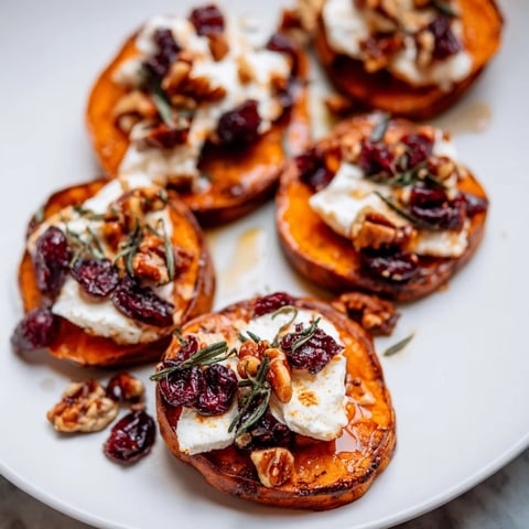 Golden Express Holiday Sweet Potato Rounds, topped with creamy goat cheese, cranberries, and pecans, ready to serve.