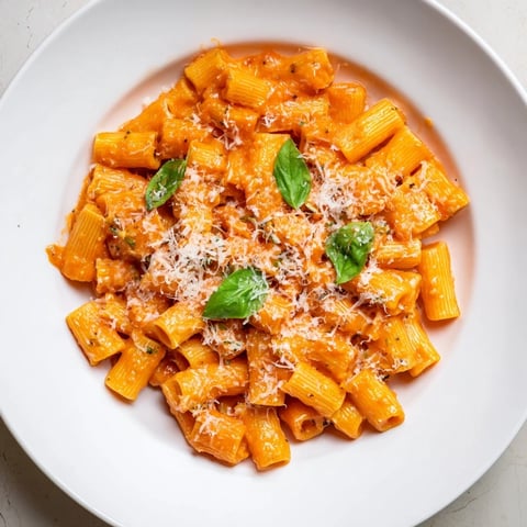 A vibrant photo of Spicy Vodka Sauce Ditalini, a creamy pasta dish with fresh basil garnish.