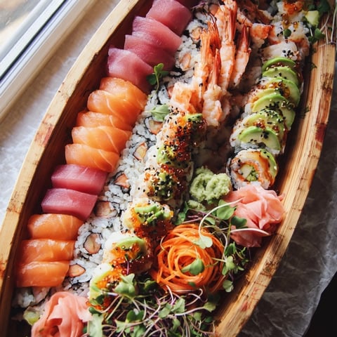 A vibrant Sail Away Boat-Shaped Sushi Platter with gleaming sashimi and colorful rolls awaits.
