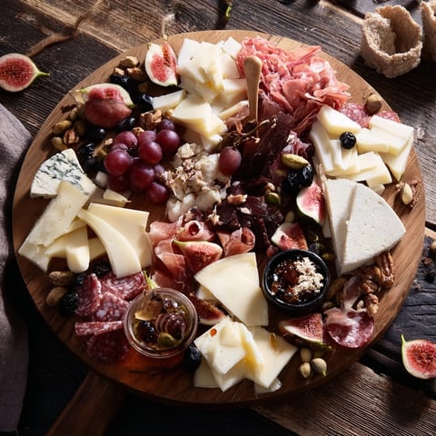Festive Éclat dÉtoiles Planche de Noël 2025 with cheeses, fruits, and meats arranged starburst style on a wooden board.