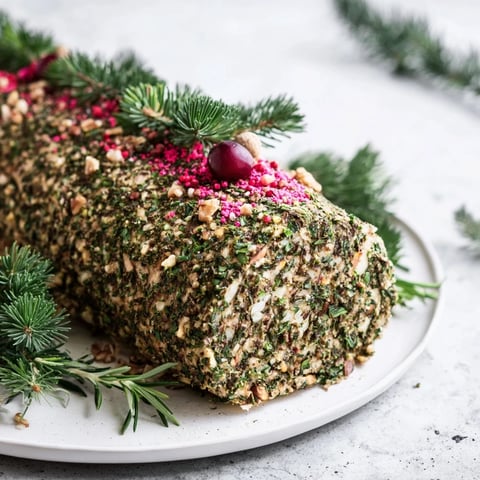 Yuletide Log Cheese Centerpiece, a festive holiday appetizer with a textured, savory coating.