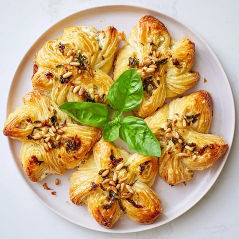 Golden-brown poinsettia puff pastry appetizer with flaky layers, a creamy herbed cheese filling, and vibrant tomatoes.