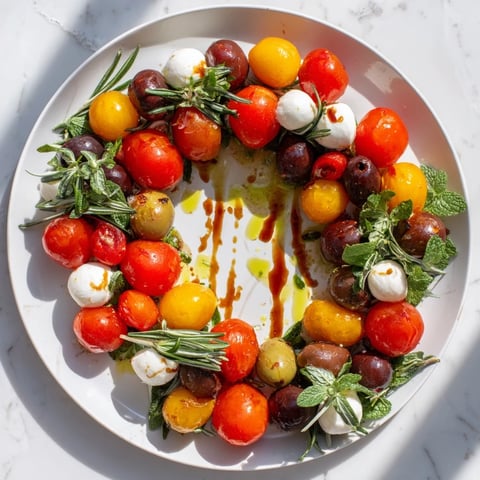 Appetizer Wreath: A vibrant, Mediterranean-style olive and cherry tomato appetizer wreath, ready for sharing.