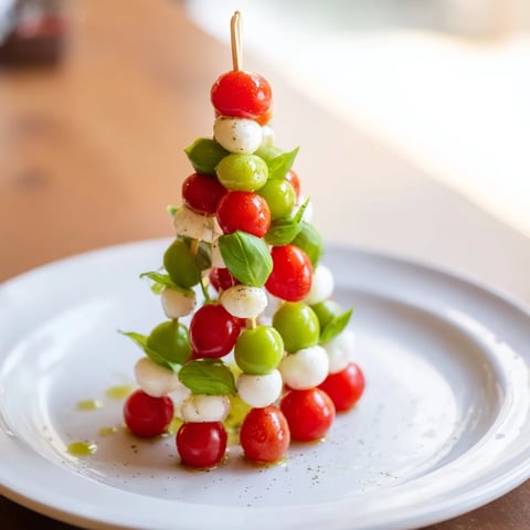 Vibrant Red and Green Caprese Skewer Tree, a fresh holiday appetizer with juicy tomatoes and mozzarella.