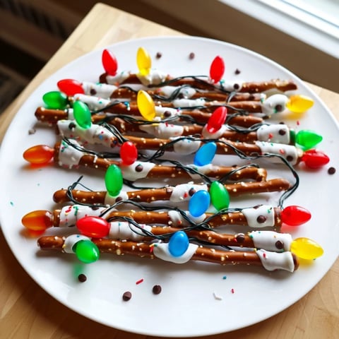 Festive No-Bake Pretzel Sticks Christmas Lights with colorful "bulbs" and decorative sprinkles, a sweet snack.