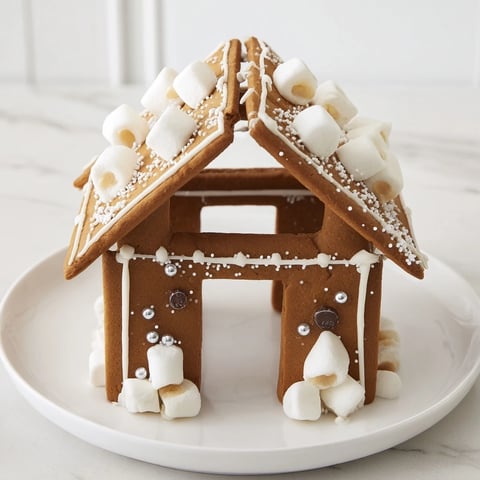Festive gingerbread house frame displaying an array of colorful candies and white chocolate drizzled with holiday charm.
