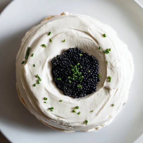 Elegant The Diamond Inlay appetizer, featuring creamy cheese, black caviar, and fresh chives, ready to serve.
