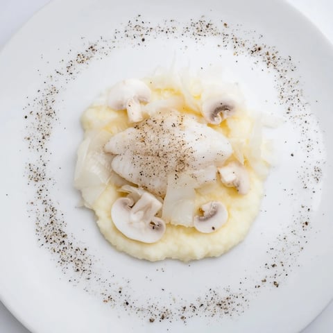 The Ghostly Gala features perfect poached chicken on a bed of creamy cauliflower purée, ready to serve.