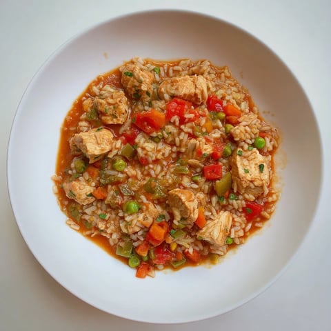One-Pot Chicken and Rice sizzling, with fluffy rice and tender chicken on a plate, ready to taste.