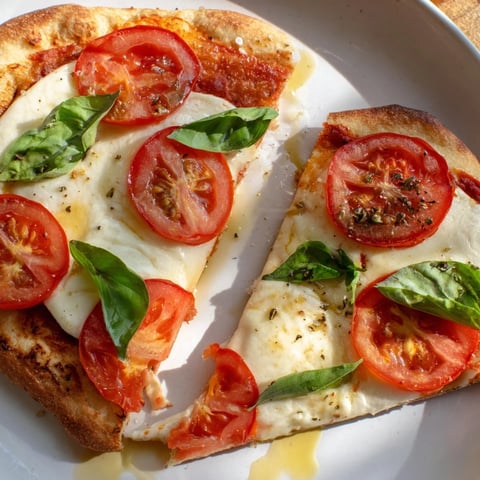 Quick Margherita Naan Pizza with melted mozzarella, ripe tomatoes, and fresh basil, ready to enjoy.
