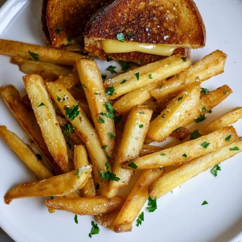 Golden grilled cheese sandwiches with crispy beef tallow french fries, a comforting American classic.