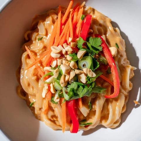 Steaming bowl of spicy peanut noodles, vibrant with colorful veggies and chopped peanuts.