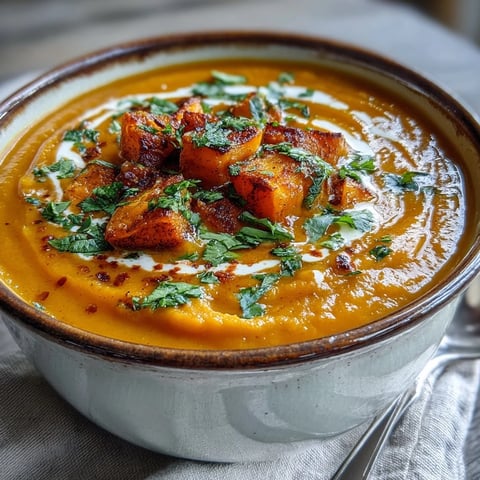 Creamy Butternut Squash and Lentil Soup in a rustic bowl, topped with cilantro and a swirl of coconut cream.