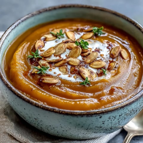 Creamy Butternut Squash and Apple Soup garnished with thyme in a rustic bowl.