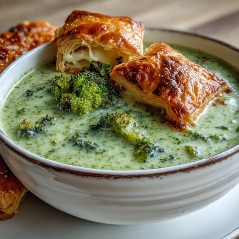 Golden, flaky pastries filled with melted brie and cheddar cheese sit beside a bowl of creamy broccoli and butternut squash soup.