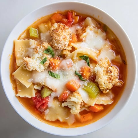 Hearty lasagne soup topped with crispy cauliflower croutons and fresh basil.  
