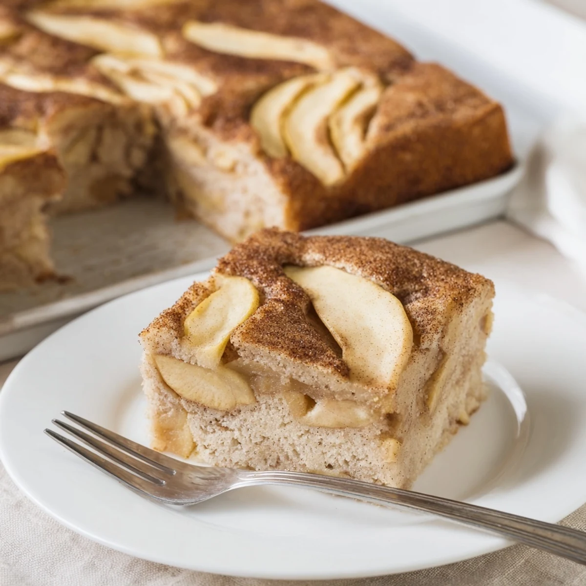 A warm slice of Baked Apple Cake, with tender cinnamon-spiced apples baked into a golden, casserole-style breakfast cake.  