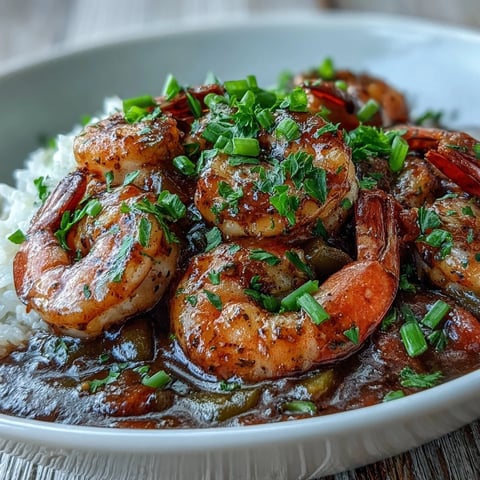 A close-up of Classic New Orleans Étouffée in a white bowl, rich brown sauce coating plump pink shrimp over fluffy white rice, garnished with fresh parsley and green onions. The shrimp and sauce are visible, while steam rises to show it's hot. The dish is served in a white ceramic bowl on a rustic wooden table with a spoon nearby, representing a hearty Creole dinner. A serving of Classic New Orleans Étouffée, featuring tender shrimp in a dark roux sauce, served over steamed white rice and garnished with fresh parsley. The texture of the sauce is thick and velvety, a hallmark of this Cajun dish, shown in a rustic setting. A top-down view of a plate of Classic New Orleans Étouffée, showcasing the contrast between the golden rice and the deep brown stew, speckled with red spices, orange shrimp, and fresh green herbs. A fresh baguette rests on the side of the plate.