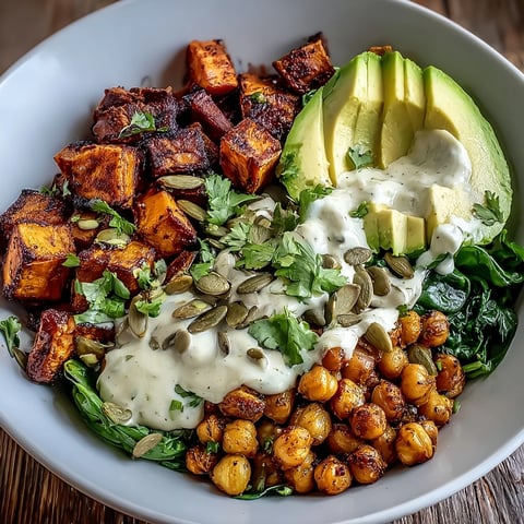 Roasted sweet potato and chickpea bowl with smoky tahini drizzle and creamy avocado slices