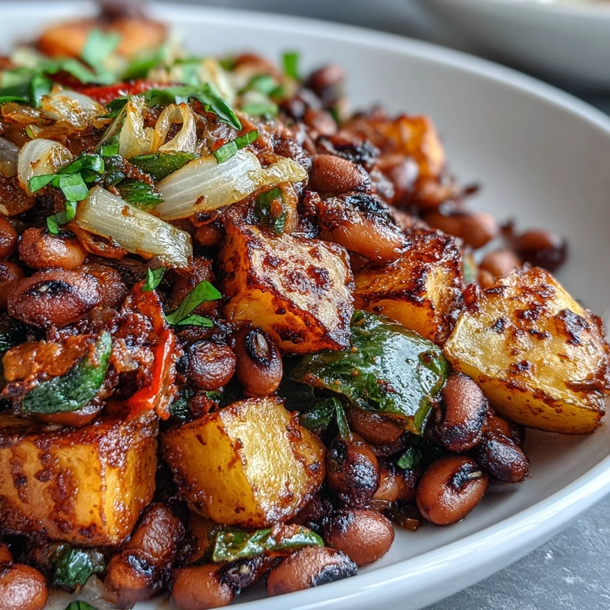 Golden-brown roasted potatoes and black-eyed peas are tossed with diced sweet onions and colorful peppers, fresh from the oven.