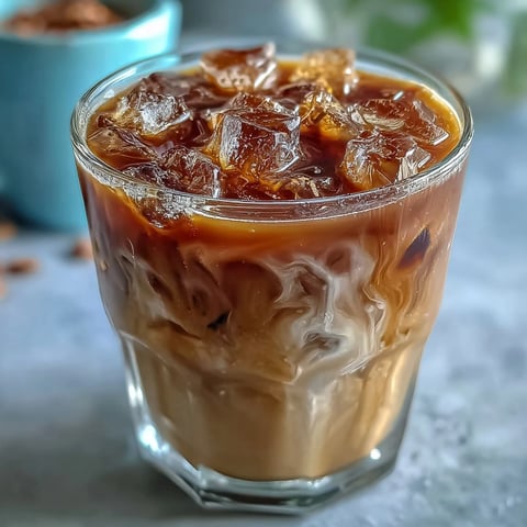 Clear glass filled with Iced Hojicha Latte over ice cubes, topped with creamy milk. 