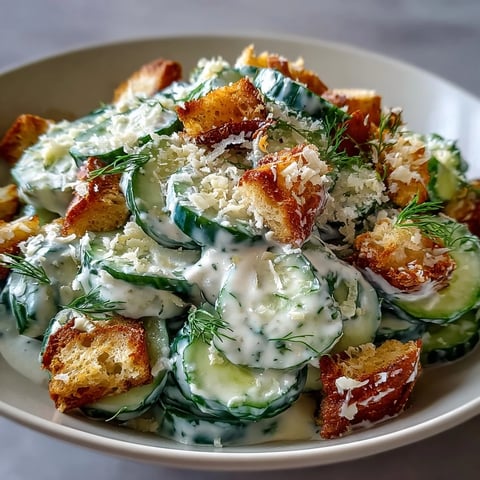 Freshly sliced English cucumbers tossed in creamy homemade Caesar dressing, topped with crunchy croutons and shaved Parmesan cheese.