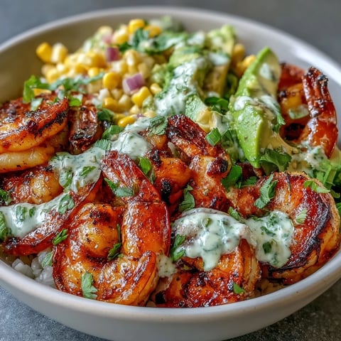 Grilled Shrimp Bowl with Avocado, Corn Salsa & Creamy Garlic Sauce topped with fresh cilantro.