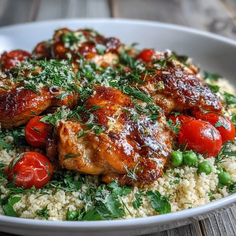 Golden-brown seared chicken breasts nestled in fluffy couscous with cherry tomatoes and peas in a garlic butter pan sauce.